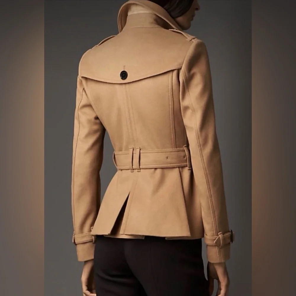 Burberry London Size US 8 Littleton Wool Cashmere Peplum Short Trench, Camel - Picture 15 of 15